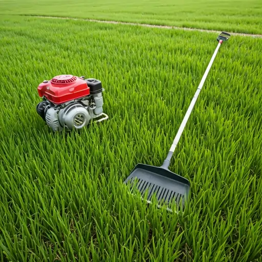 Professional lawn care specialist mowing a bright green turf in a Painted Post NY backyard